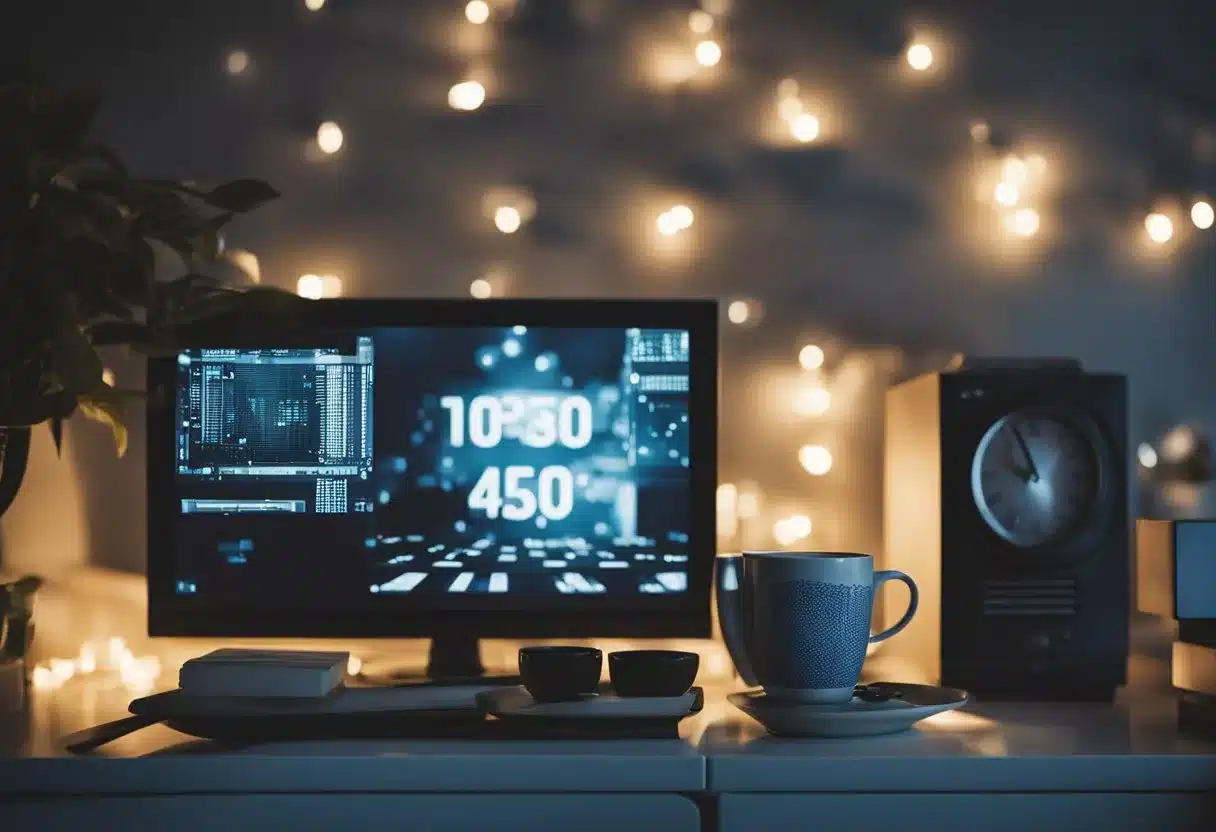 A cluttered bedroom with bright screens and noise, clock showing late hour, empty coffee cup, and restless tossing in bed