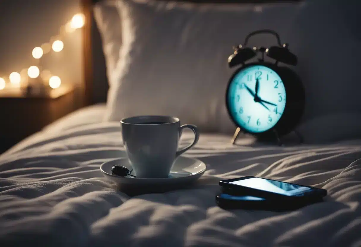 A cozy bedroom with bright lights, electronic devices, and a clock showing a late hour. A person lying awake in bed, surrounded by caffeine, alcohol, and stress-inducing items