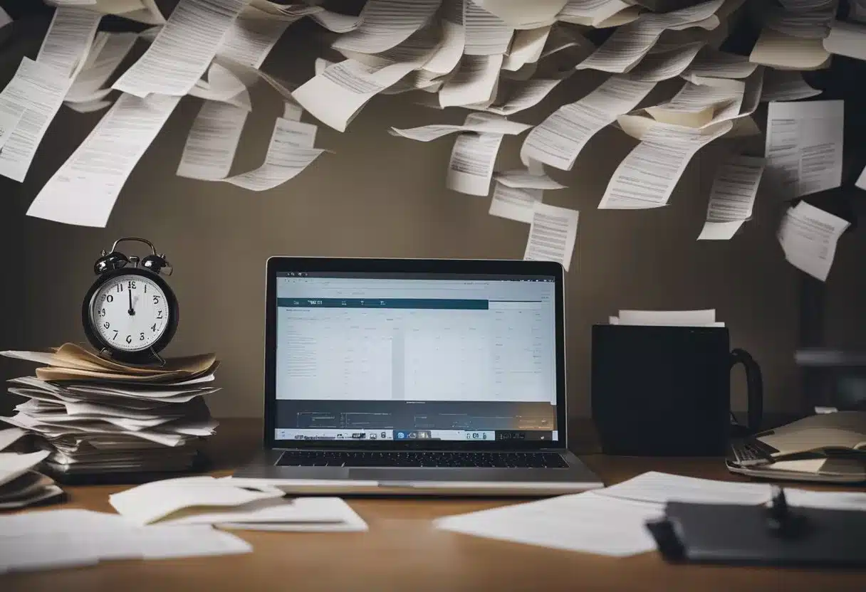 A cluttered desk with a ticking clock, a laptop, and scattered papers. A person staring at the ceiling with a furrowed brow