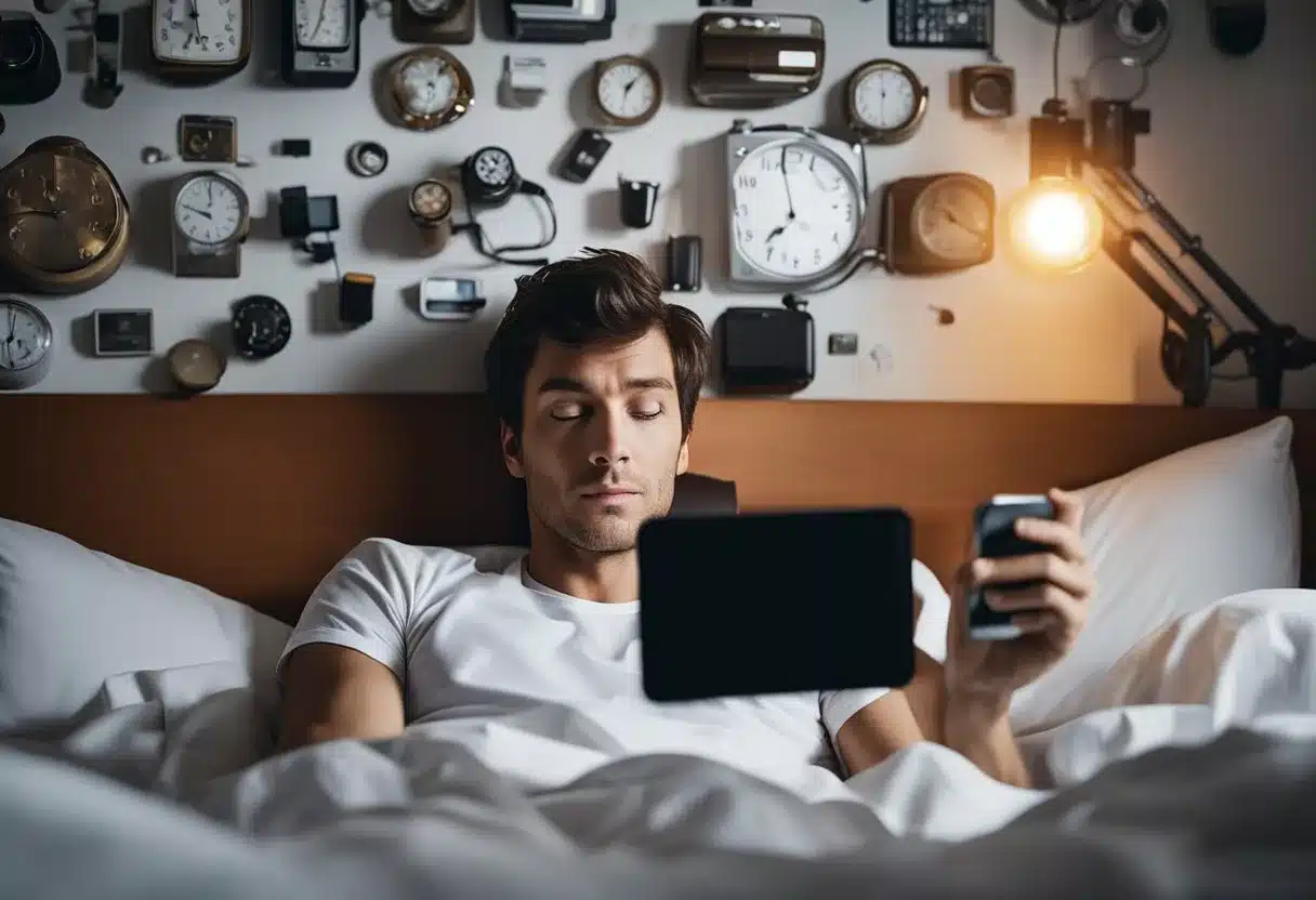 A person lying awake in bed, surrounded by a cluttered mind, ticking clock, bright phone screen, and caffeine