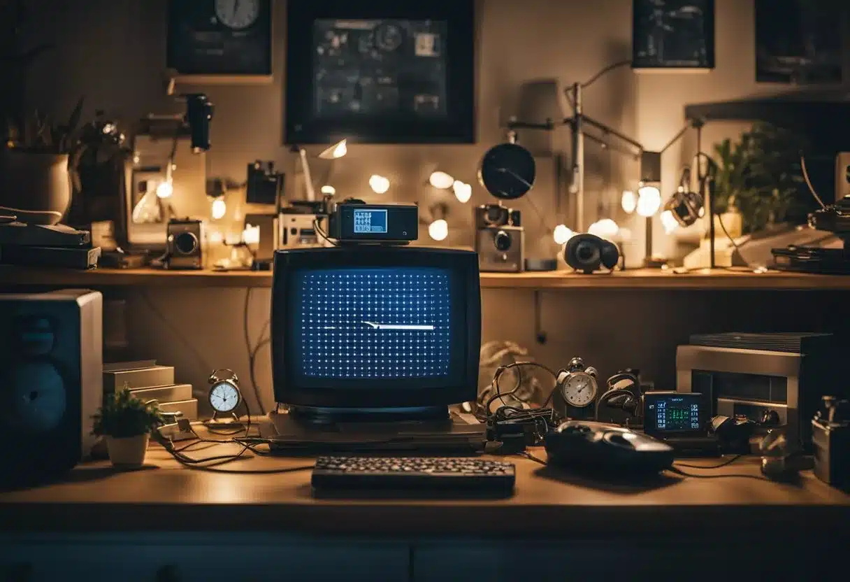 A cluttered bedroom with bright lights, noisy neighbors, and uncomfortable temperatures. The room is filled with electronic devices and a ticking clock, creating a chaotic and restless atmosphere