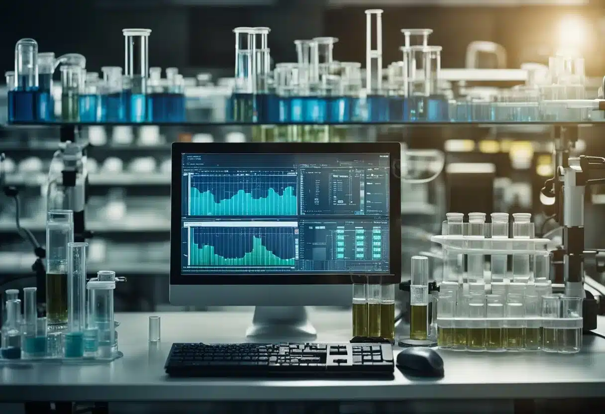 A laboratory scene with test tubes and equipment, showing elevated levels of liver enzymes on a computer monitor