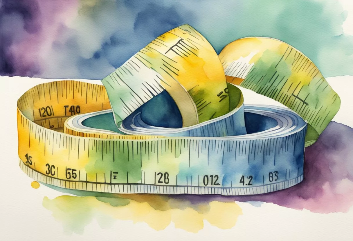 A tape measure wraps around a shrinking waistline, while a pile of fat cells diminishes in the background