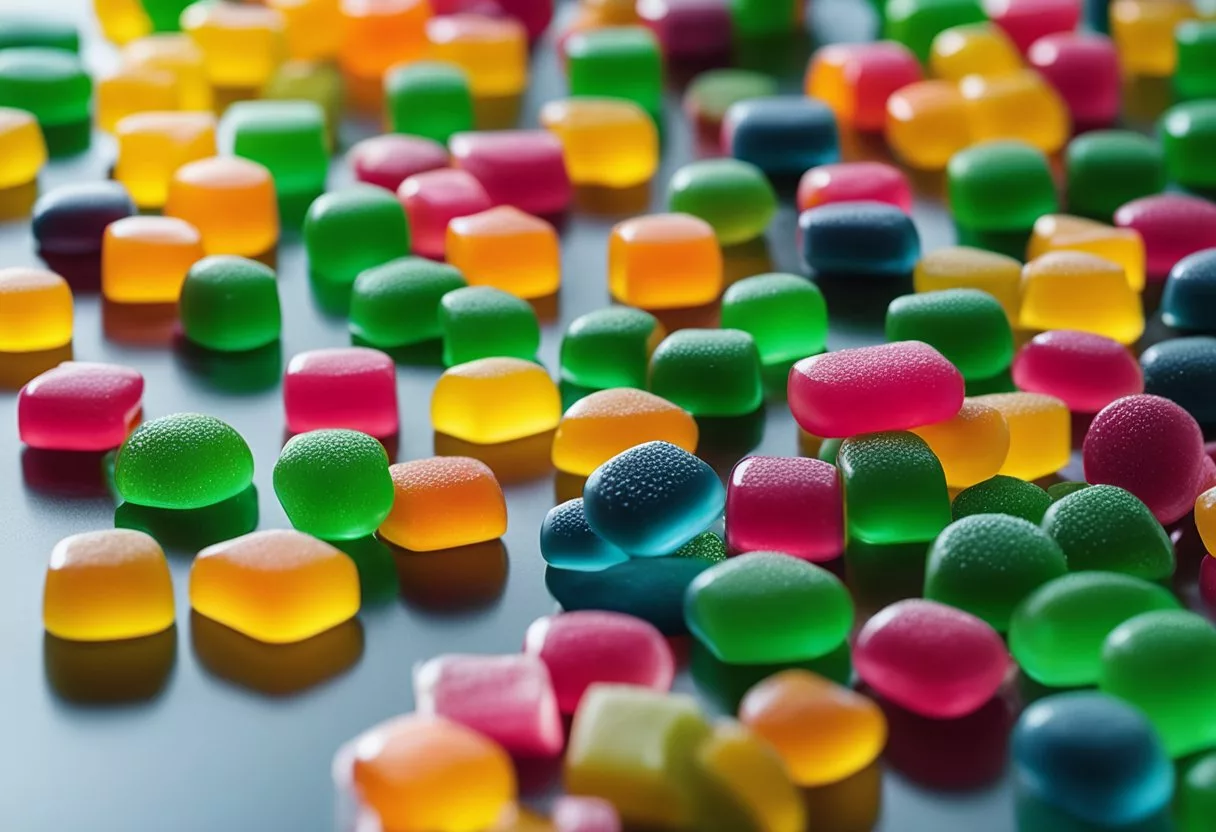 A colorful assortment of CBG gummies arranged on a sleek, modern tabletop with botanical elements in the background