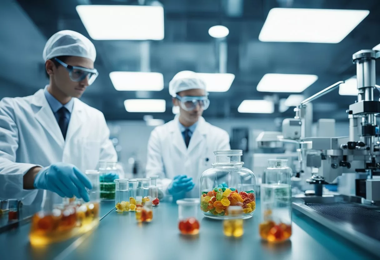 A futuristic laboratory with scientists creating CBG gummies using advanced technology and machinery