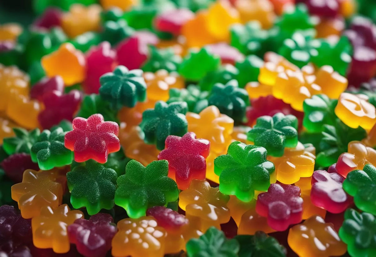 A colorful pile of CBG gummies in various shapes and sizes, surrounded by vibrant green cannabis leaves and flowers