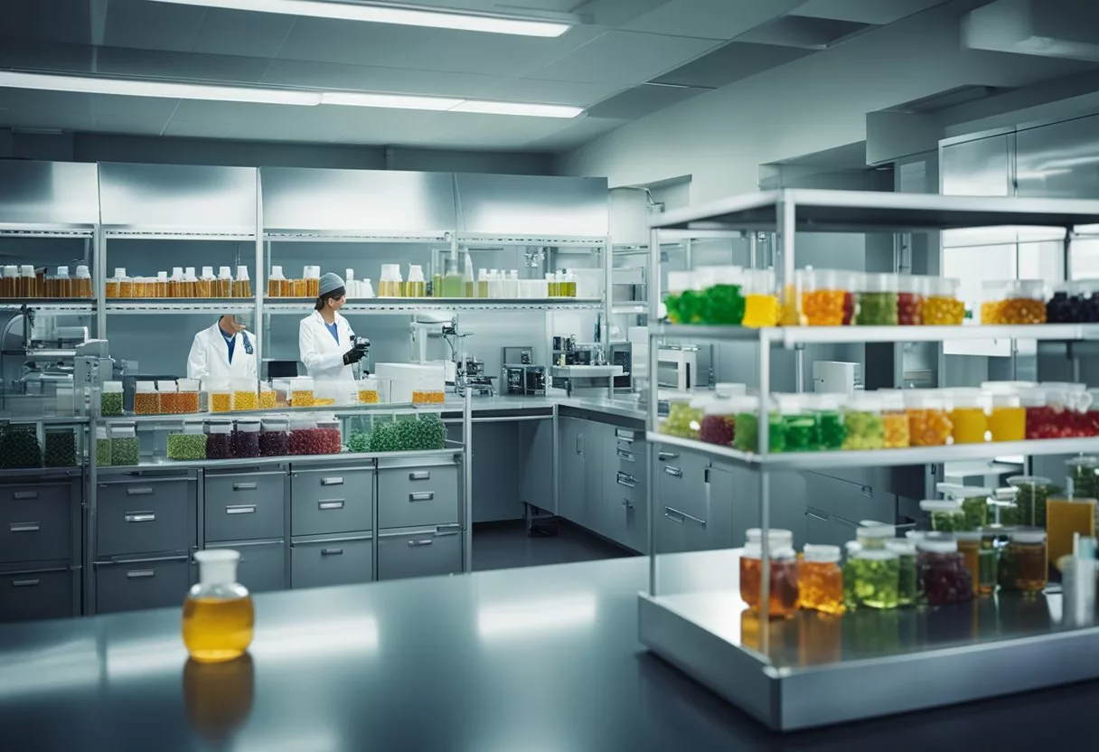 A laboratory setting with shelves of labeled ingredients, a table with equipment for quality testing, and a group of CBG gummies being inspected for safety