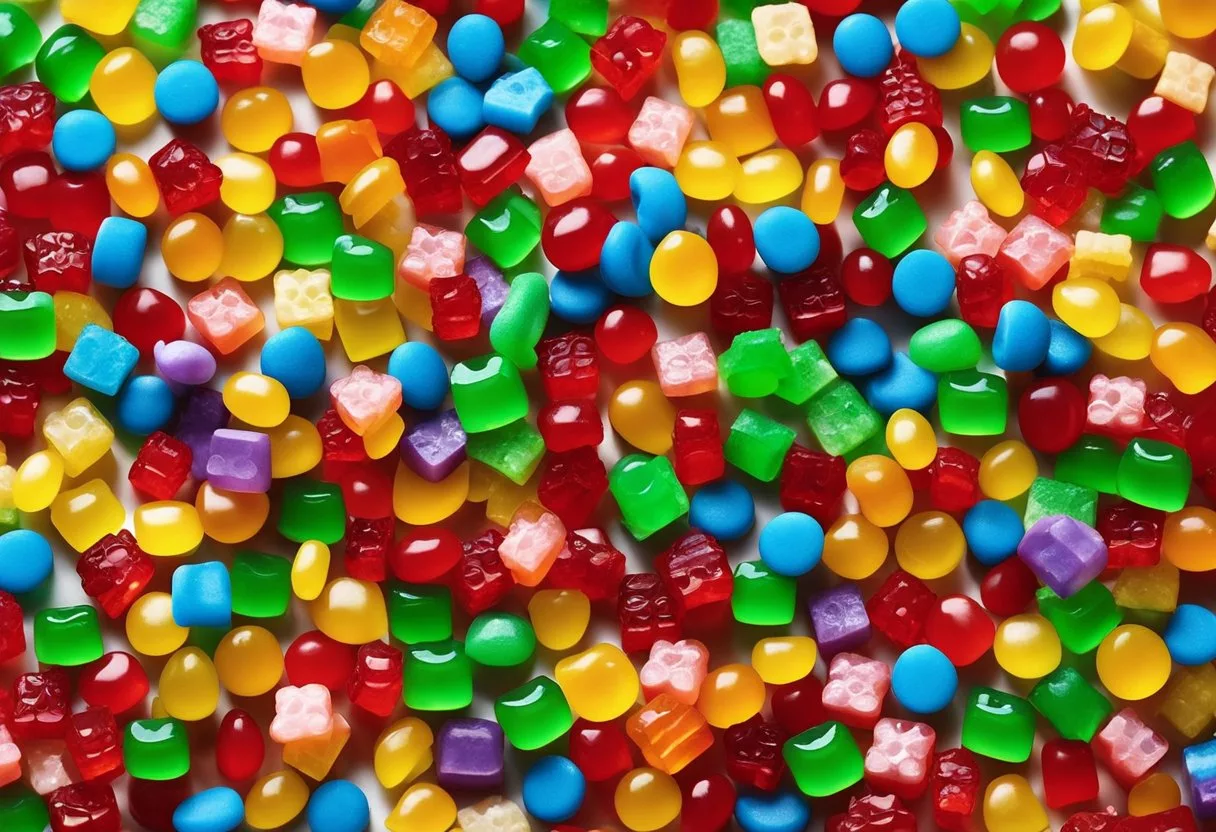 A colorful assortment of gummy bears, circles, and squares scattered on a white background