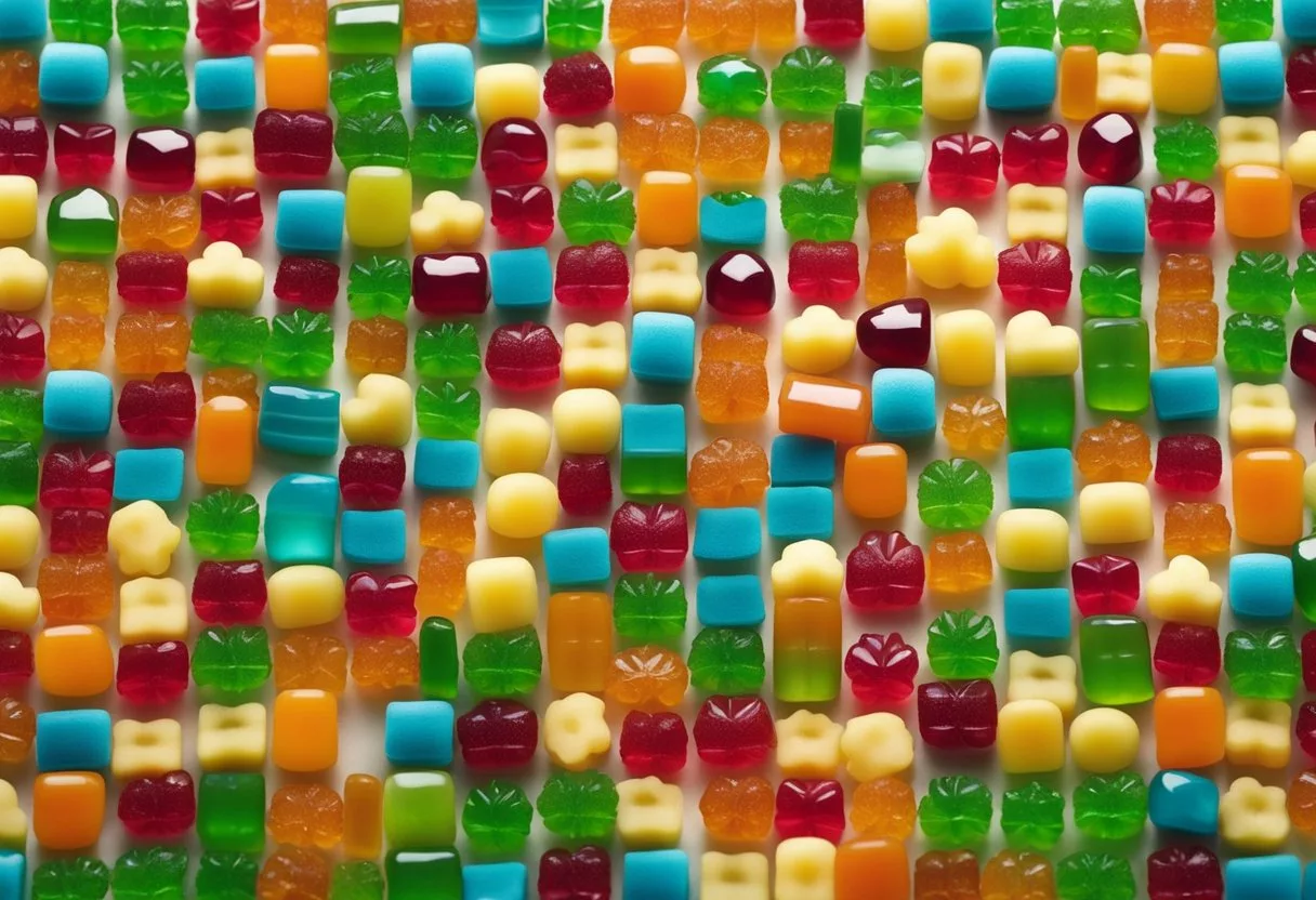 A colorful array of CBG gummies arranged on a sleek, modern countertop with a bright, inviting backdrop