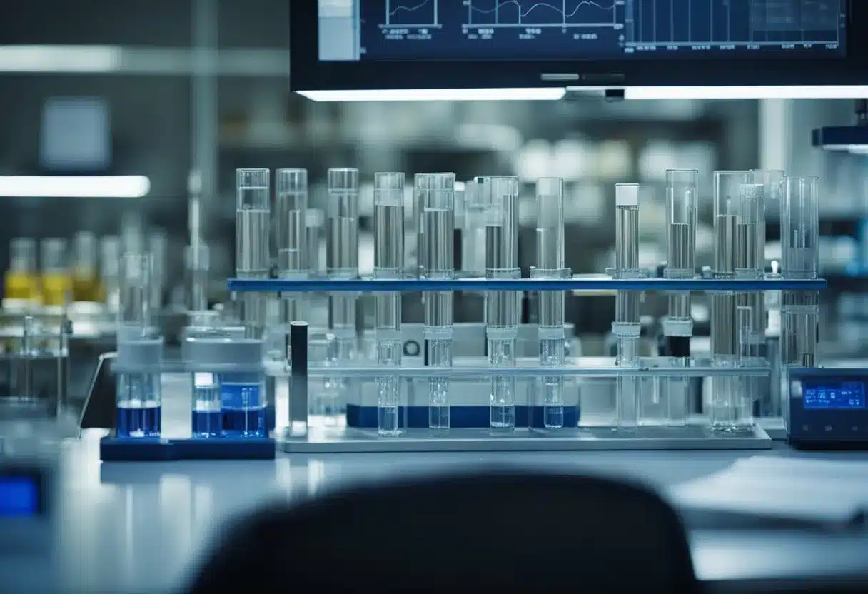 A laboratory setting with test tubes and equipment, showing elevated levels indicated on a monitor