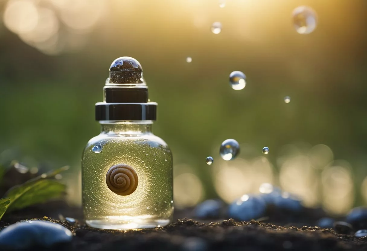 A snail mucin bottle with droplets on a smooth, radiant surface