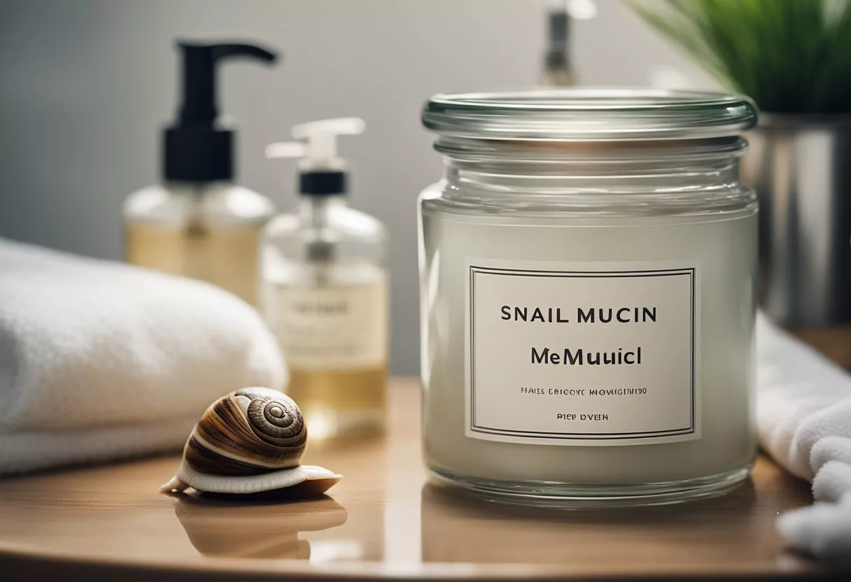 A clear glass jar with a label reading "Snail Mucin" sits on a bathroom counter, surrounded by skincare products and a soft towel