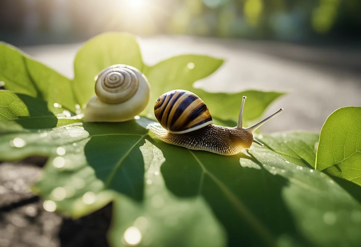 A snail crawling across a leaf, leaving a shiny trail behind. The leaf is surrounded by various skincare products and a mirror reflecting a glowing complexion