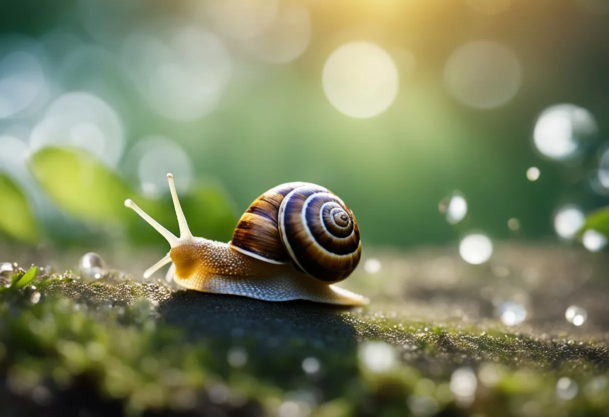 A snail slowly glides across a smooth, glowing surface, leaving a trail of shimmering mucin in its wake