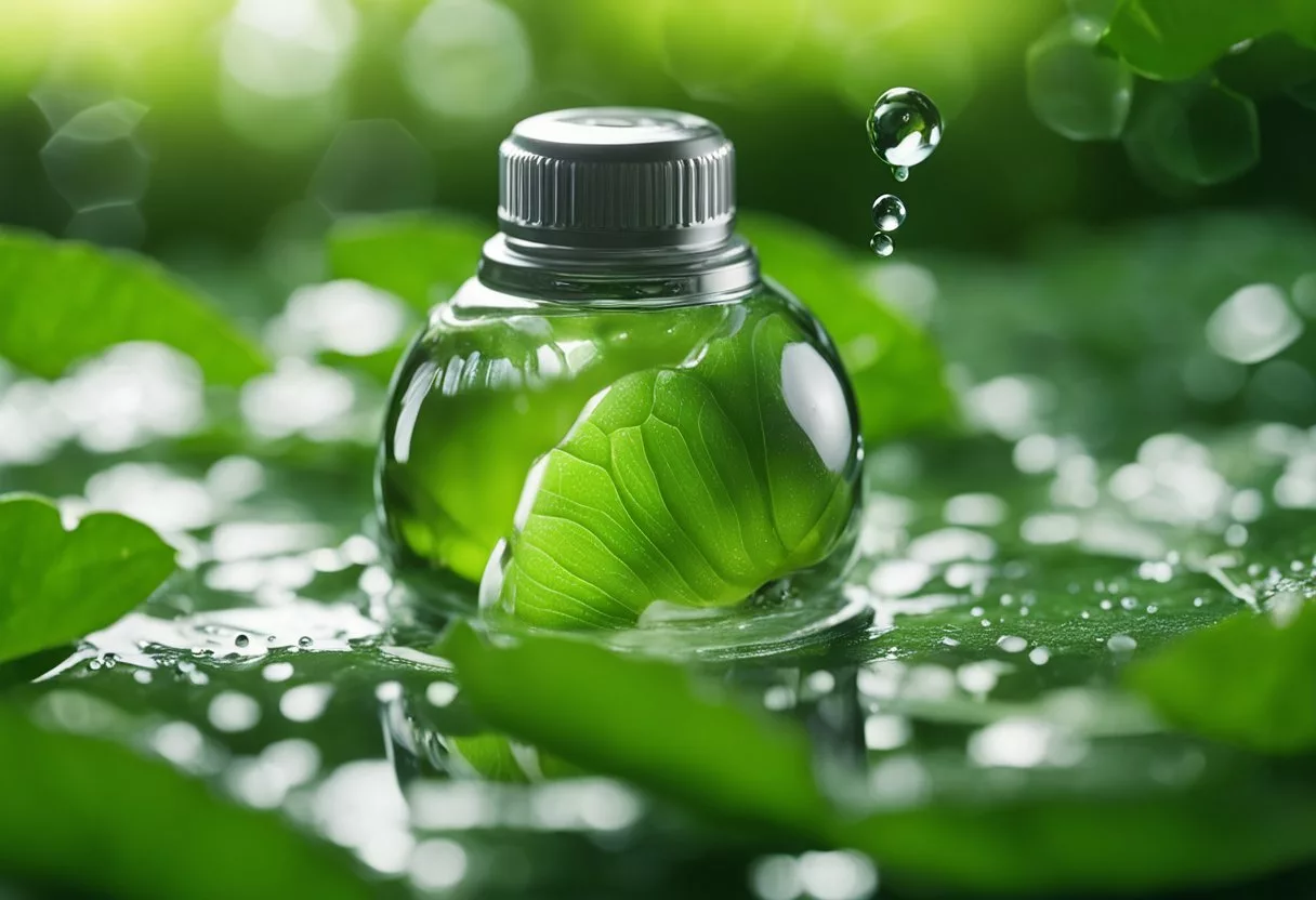 A snail mucin bottle dripping onto a smooth, unblemished surface, surrounded by lush green leaves and glistening droplets of water