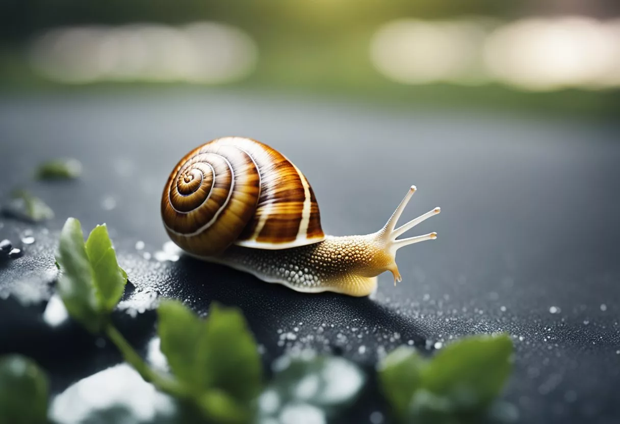 A snail leaving a trail of shiny mucin across a smooth, clear surface