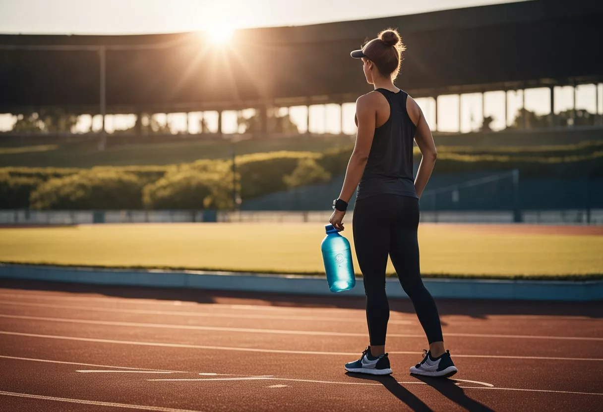 A person standing at the edge of a running track, looking determined with a water bottle and workout gear nearby. The sun is rising in the background, casting a warm glow over the scene