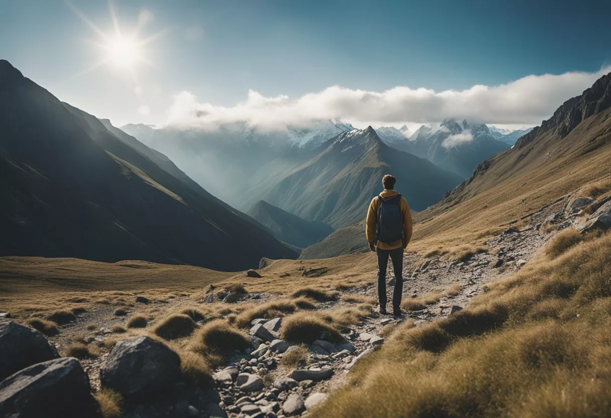 A person standing at the base of a mountain, looking up at the challenging path ahead, with a supportive group of friends and resources at the ready