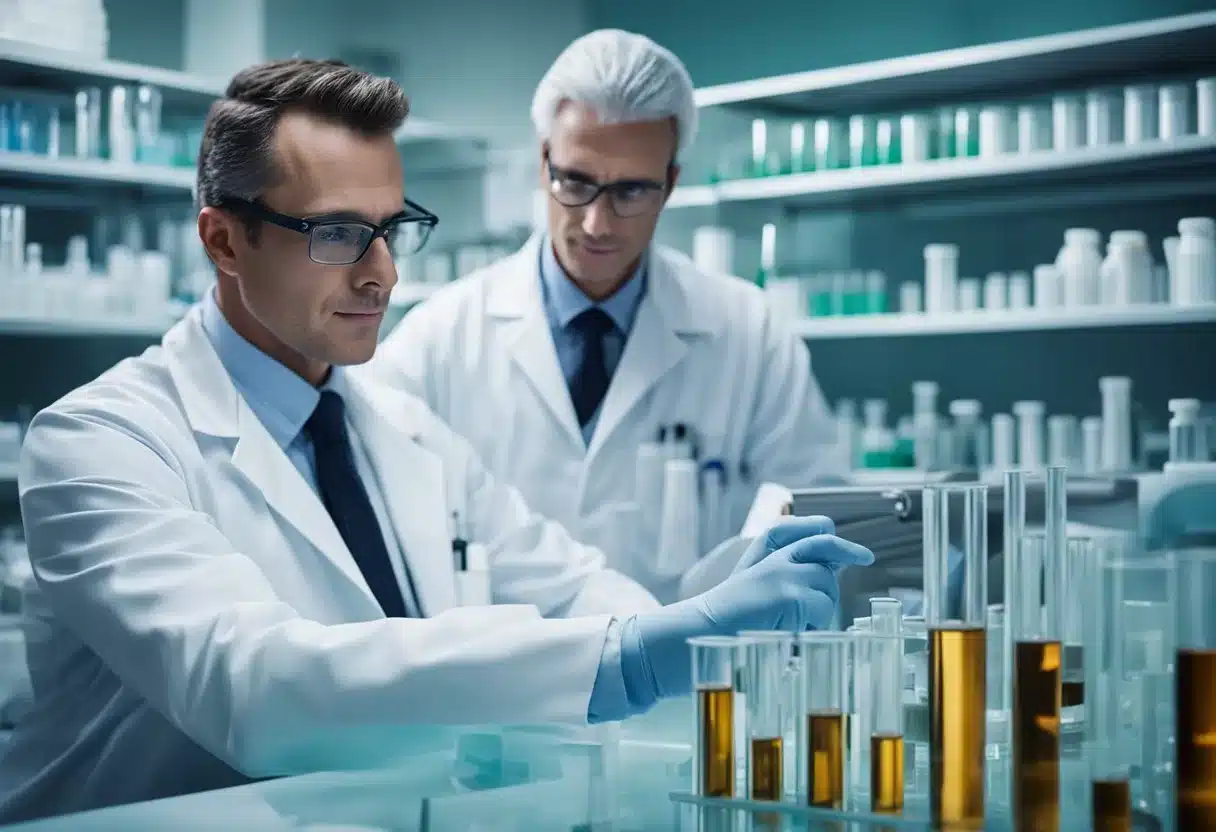 A laboratory setting with test tubes and equipment, a chart showing elevated liver enzyme levels, and a concerned doctor reviewing the results