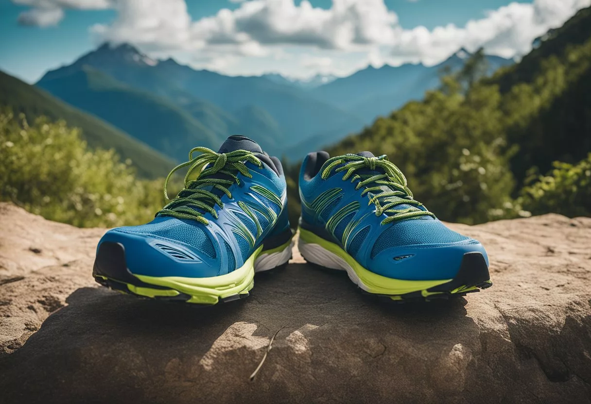 A pair of running shoes sit at the foot of a mountain trail, surrounded by lush greenery and a clear blue sky, symbolizing the initial struggle of starting a new exercise routine