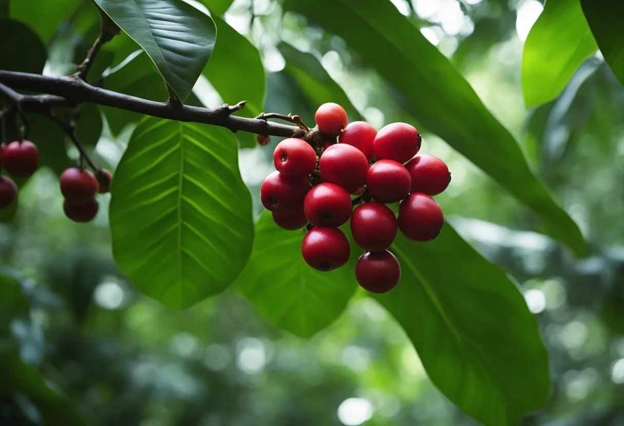 Lush Amazon rainforest with camu-camu trees bearing bright red fruits, surrounded by flowing rivers and diverse wildlife