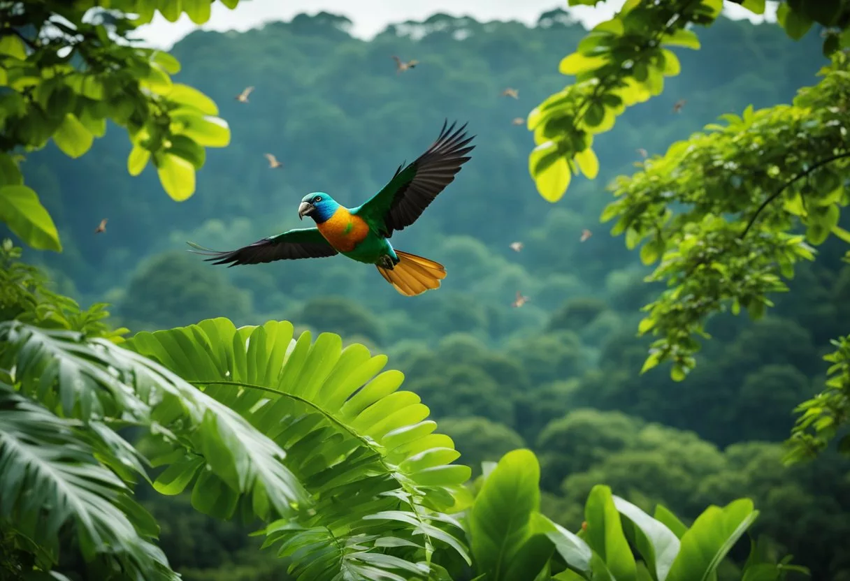 A lush Amazon rainforest scene with vibrant camu-camu trees and colorful exotic birds flying overhead