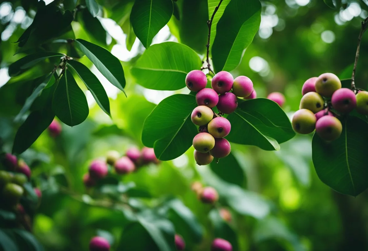 A lush Amazon rainforest scene with a camu-camu tree bearing small, round, pink fruits surrounded by vibrant green foliage and exotic wildlife