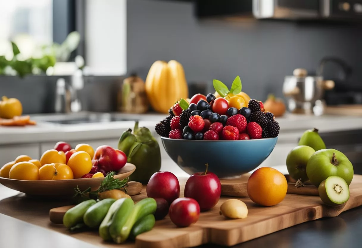 A colorful array of fruits and vegetables, including camu-camu berries, arranged on a kitchen counter