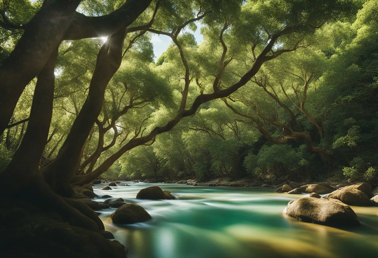 A tranquil forest with vibrant camu-camu trees, surrounded by a flowing river and a clear blue sky