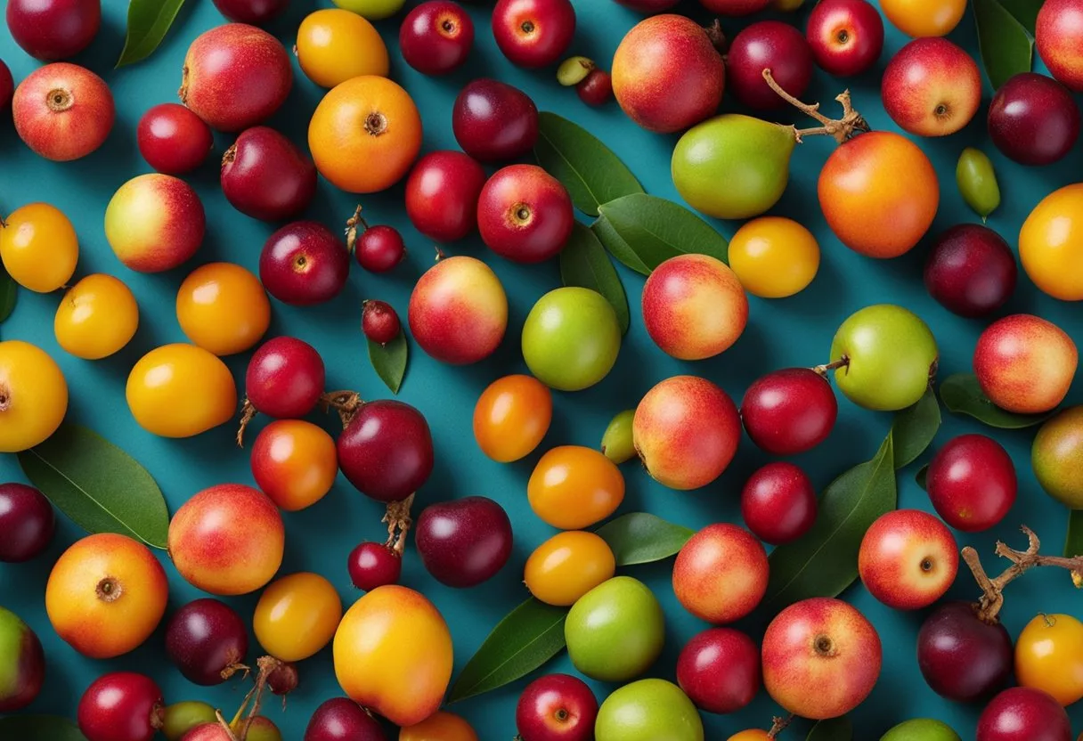 A vibrant display of fresh camu-camu berries and a variety of fruits, showcasing their bright colors and nutritional value