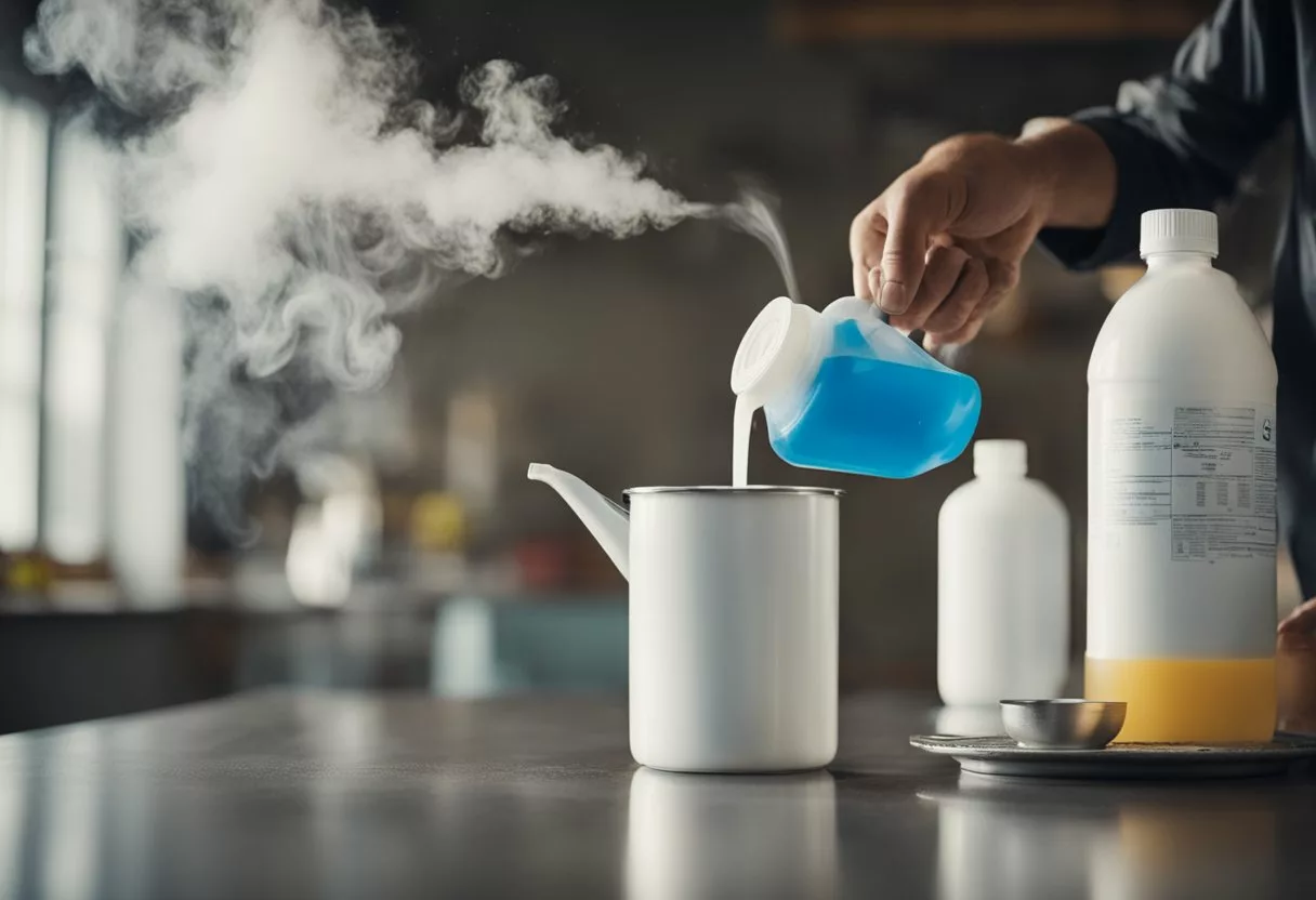 A person pours bleach and ammonia into the same container, creating a toxic gas cloud