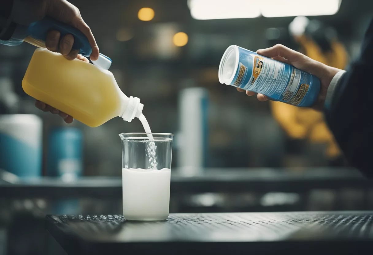 A person pouring bleach and ammonia into a container, causing a reaction with fumes and possible danger