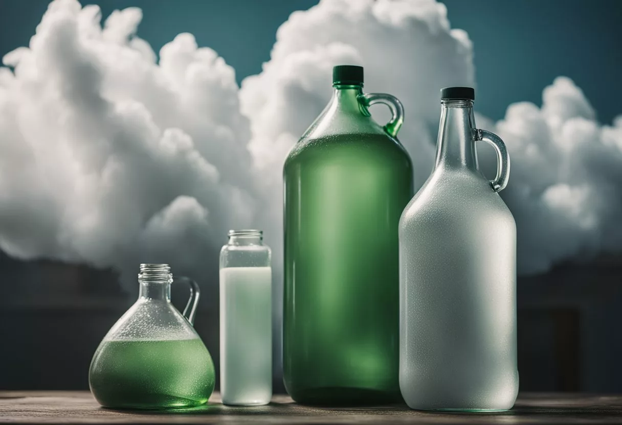 A glass bottle of bleach and a jug of ammonia sit side by side on a cluttered tabletop, with a cloud of toxic gas rising from the mixture