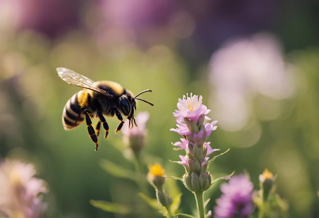 A bee stinging a flower, with the bee's stinger piercing the flower's petal