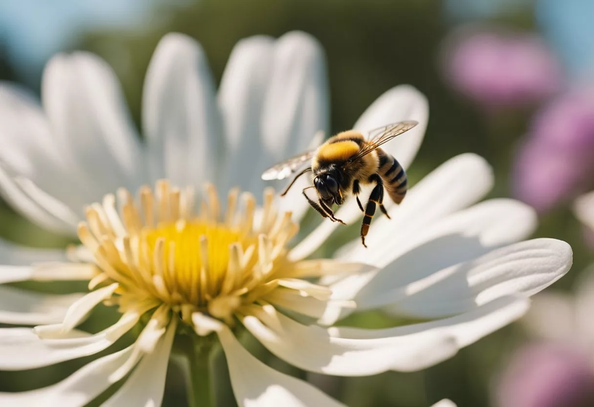 A bee sting on a flower petal, with the bee flying away and the petal wilting