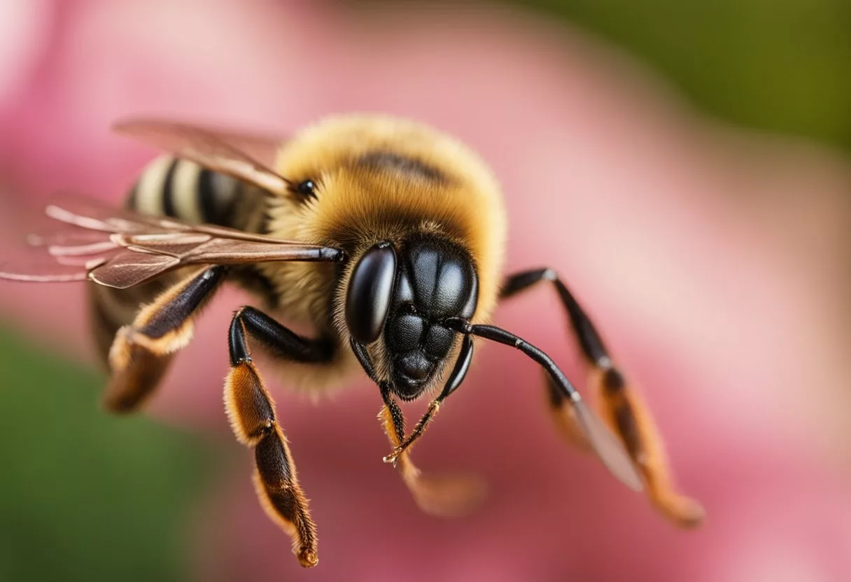 A bee stinger piercing through skin, releasing venom, causing swelling and redness