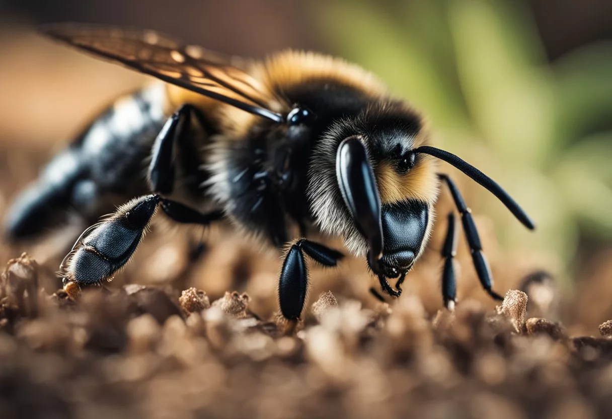 A bee stinger pierces skin, venom is released, causing redness and swelling