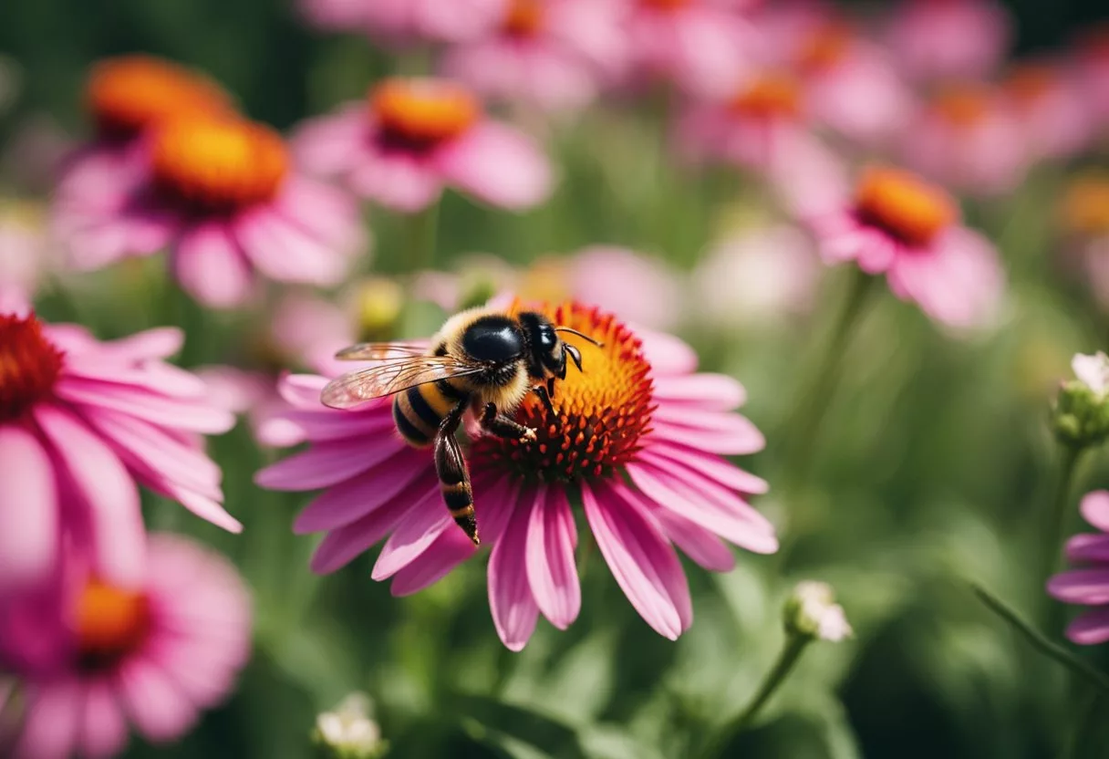 A bee sting on a flower garden, with a red, swollen area and a bee flying away