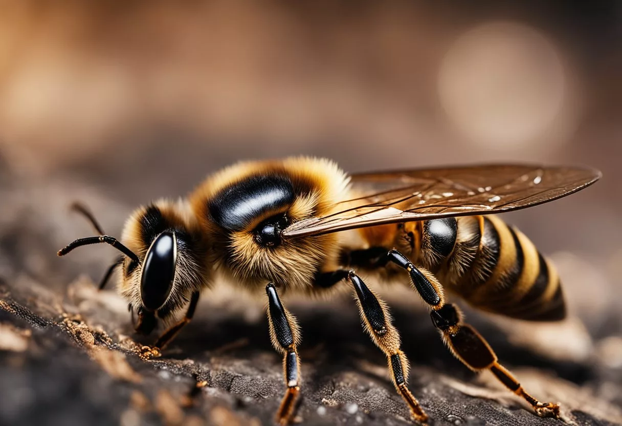 A bee with a stinger embedded in a surface, surrounded by redness and swelling