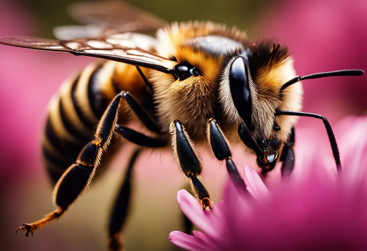 A bee stinger piercing through skin with a swollen red area around it