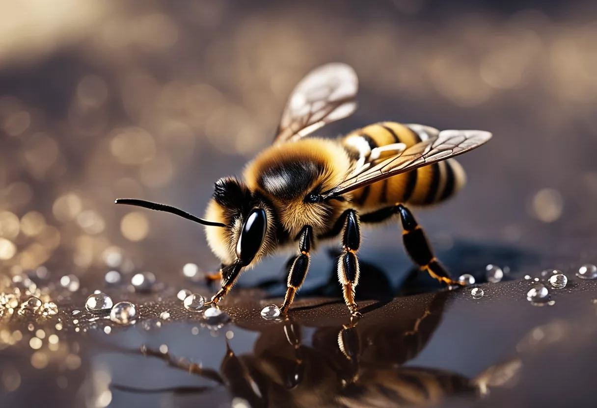 A bee stinger piercing through a surface, with a small droplet of venom oozing out