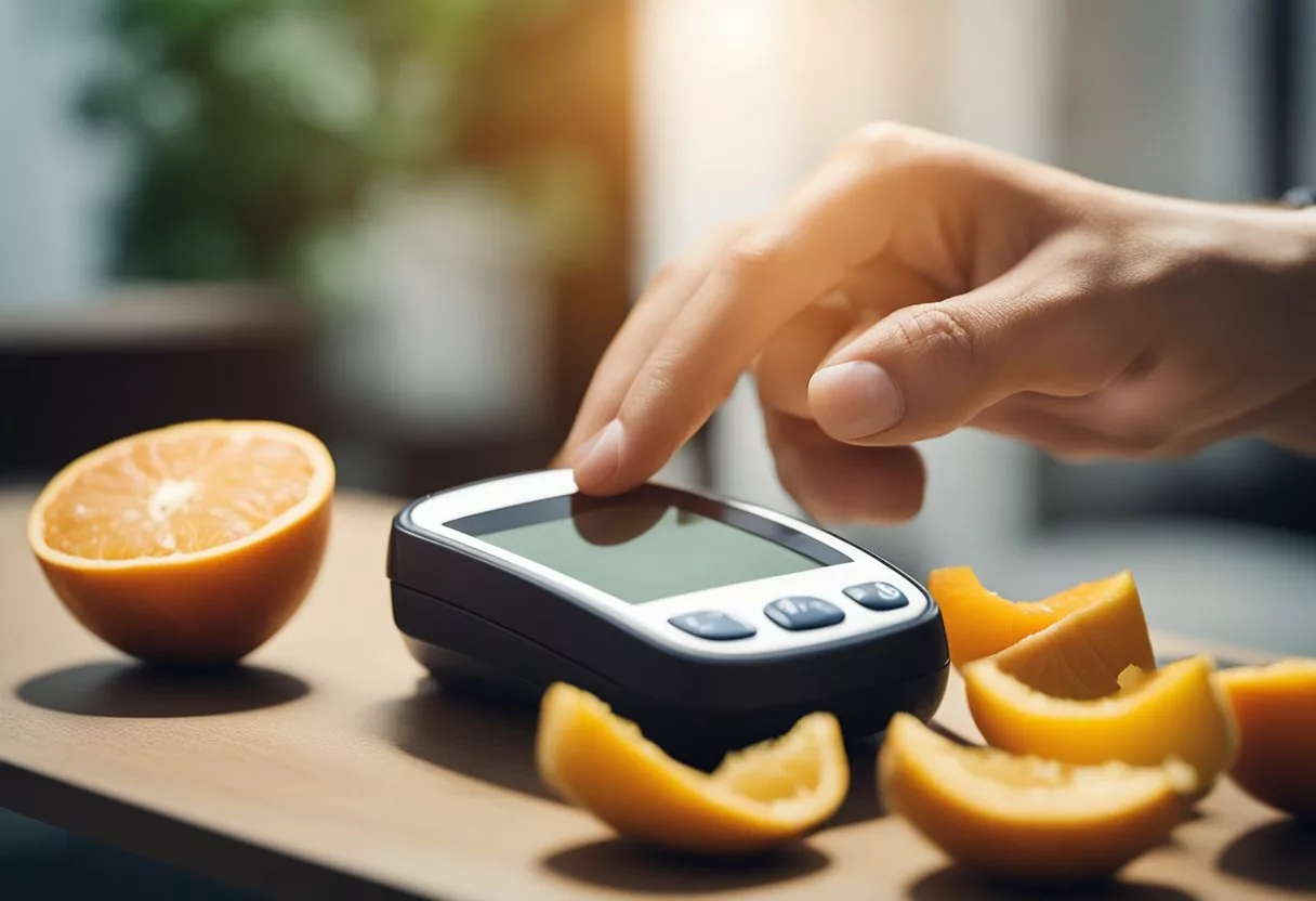 A person's hand reaching for a piece of fruit on a table, while a glucose meter shows a low blood sugar reading