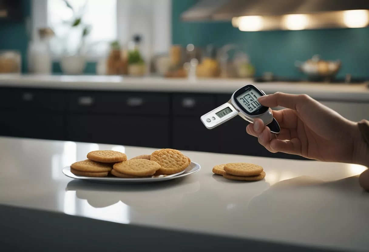 A person reaching for a snack on a kitchen counter as a blood sugar monitor shows a low reading