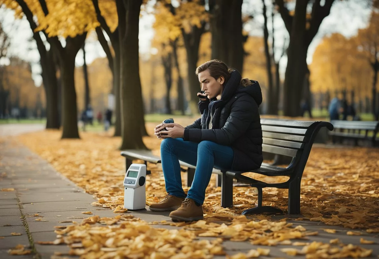 A person slumps on a park bench, surrounded by dropped snacks and a forgotten glucose meter