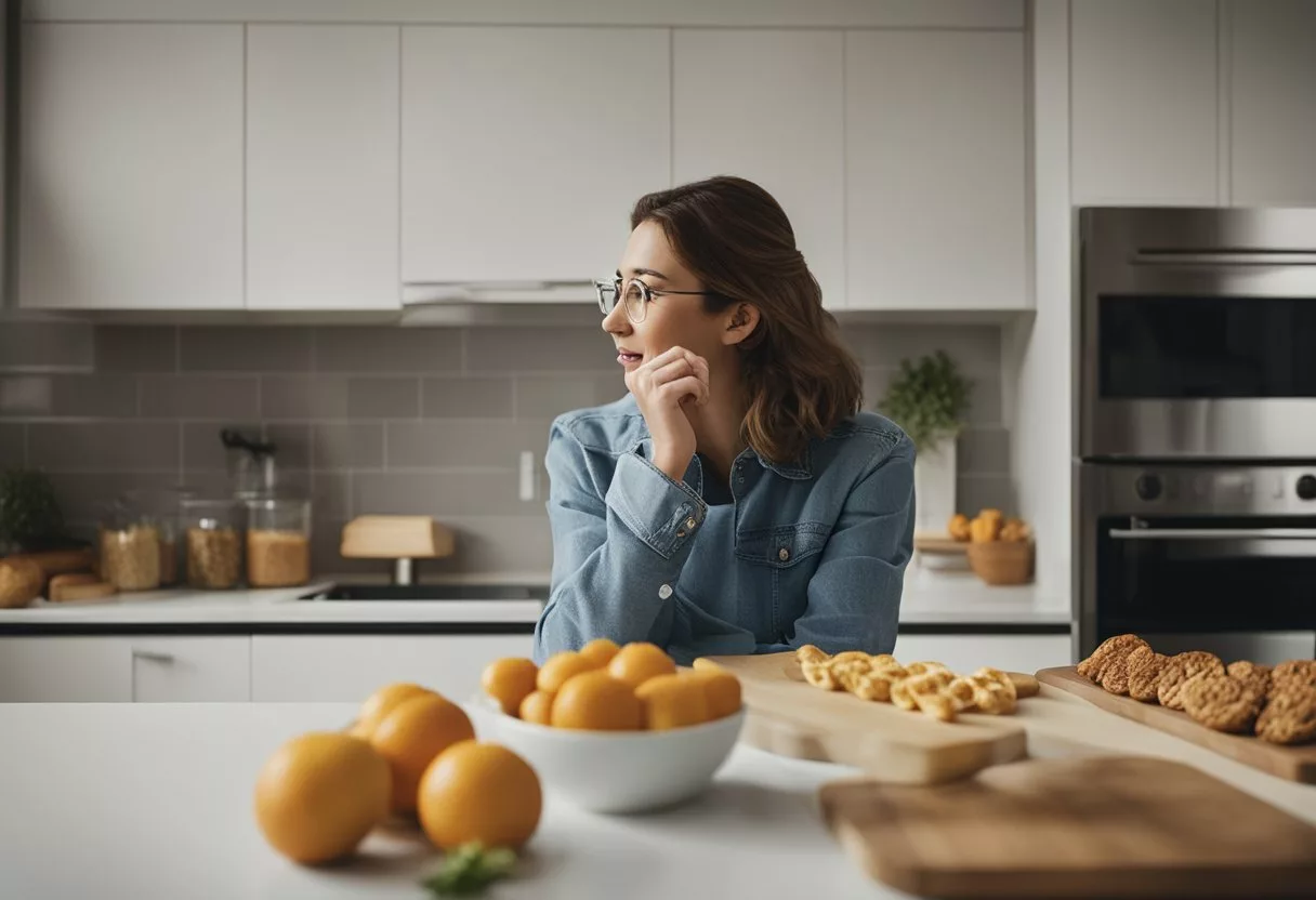 A person reaching for a snack on a kitchen counter, with a concerned expression on their face