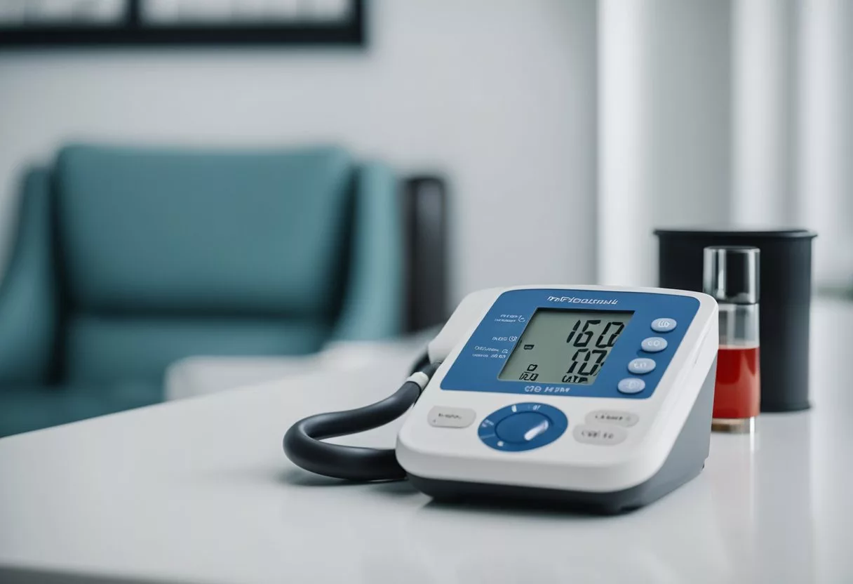 A doctor's office with a blood pressure monitor on a clean, white wall