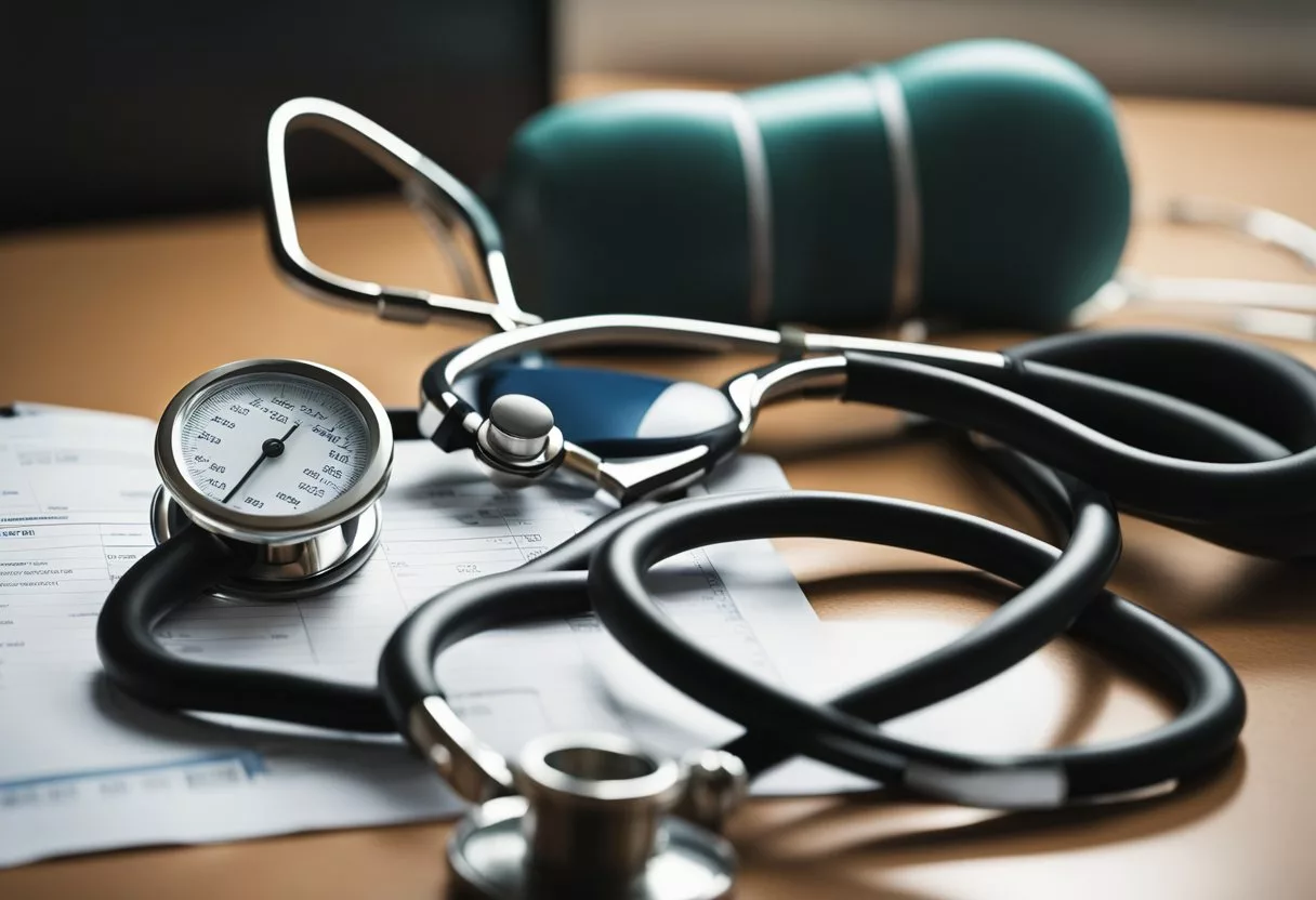 A stethoscope resting on a desk next to a blood pressure cuff and a chart showing the ideal blood pressure range