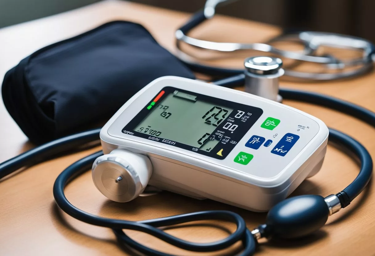 A blood pressure monitor with a digital display showing an ideal reading. A stethoscope and medical chart are nearby