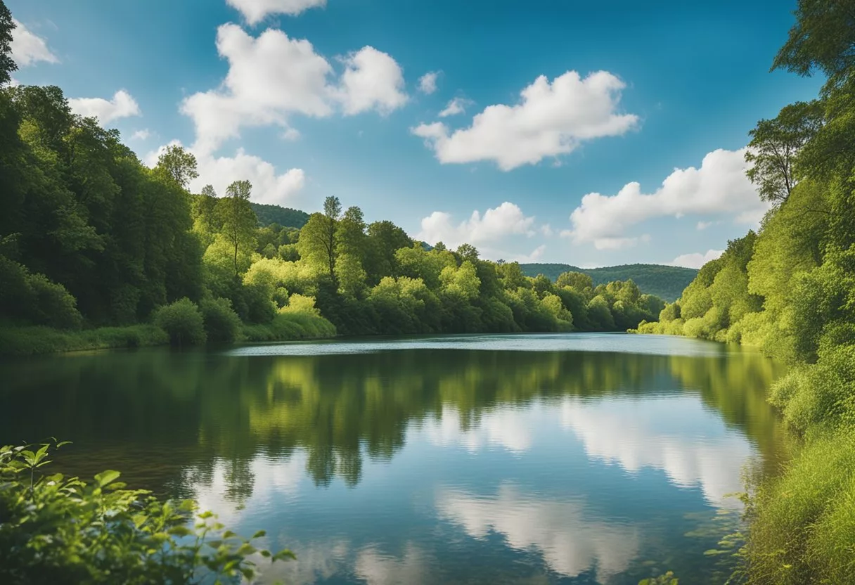 A calm, serene landscape with a peaceful river flowing gently, surrounded by lush greenery and clear blue skies