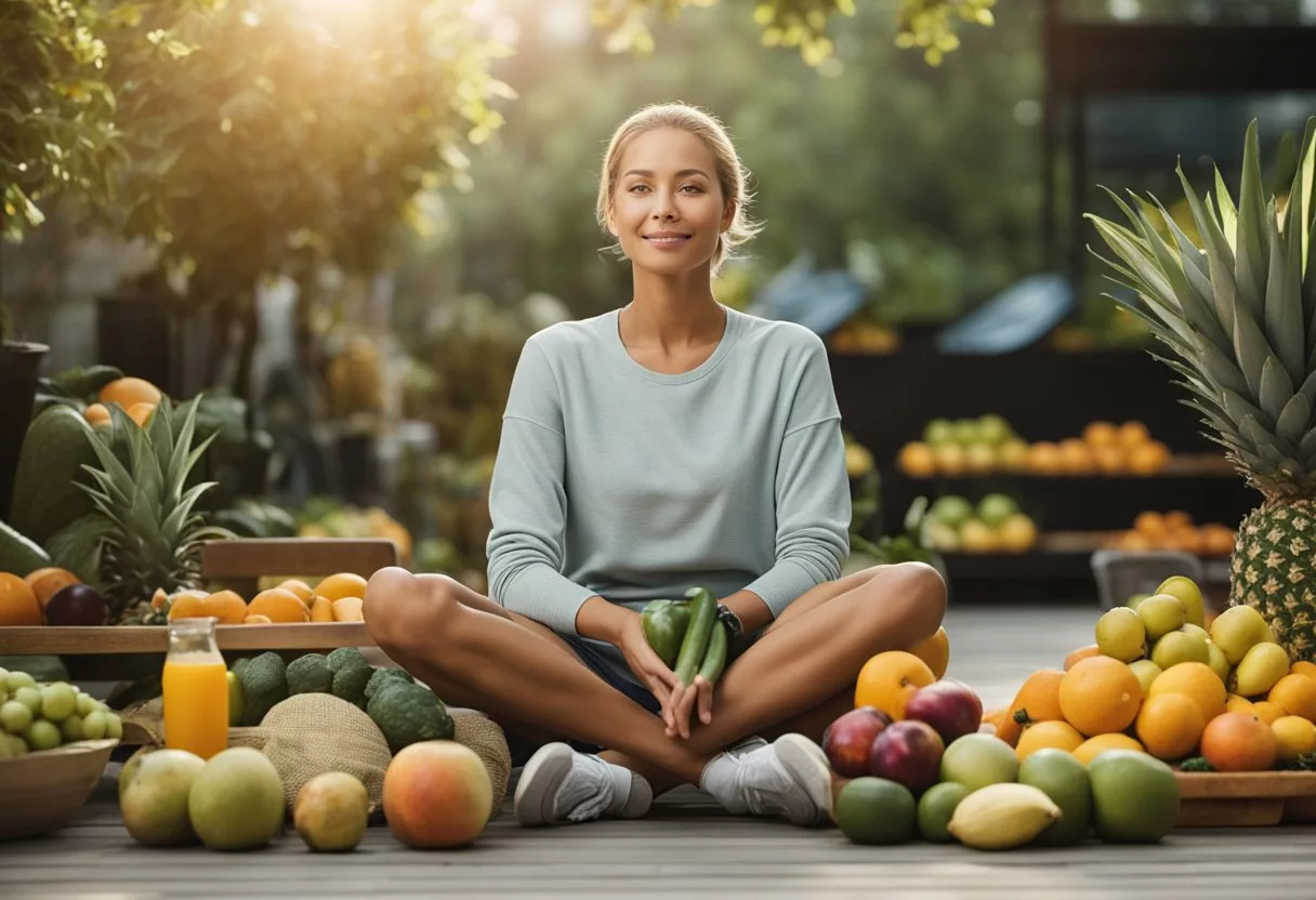 A gender-neutral figure with a calm expression sitting in a peaceful environment, surrounded by healthy lifestyle elements such as fruits, vegetables, and exercise equipment